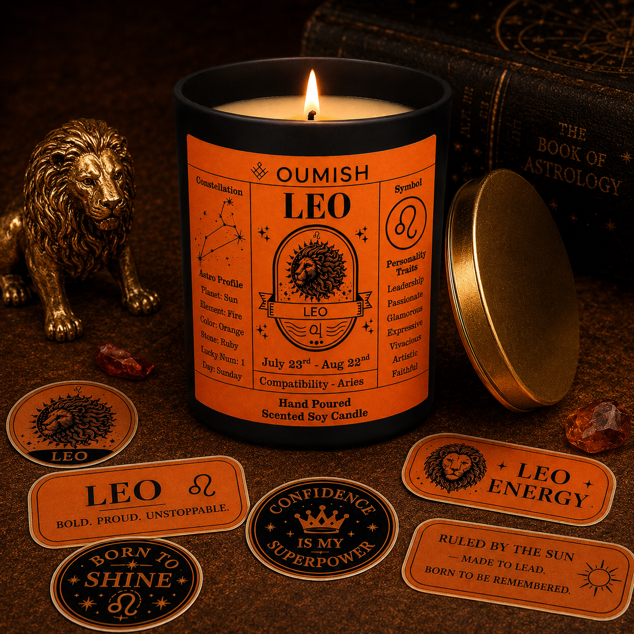Oumish Leo zodiac candle ritual scene with the correct tapered black jar and plain gold lid