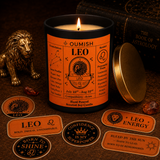 Oumish Leo zodiac candle ritual scene with the correct tapered black jar and plain gold lid