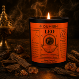 Oumish Leo Golden Hour Bakhoor candle sensory close-up with aromatic wood and amber resin