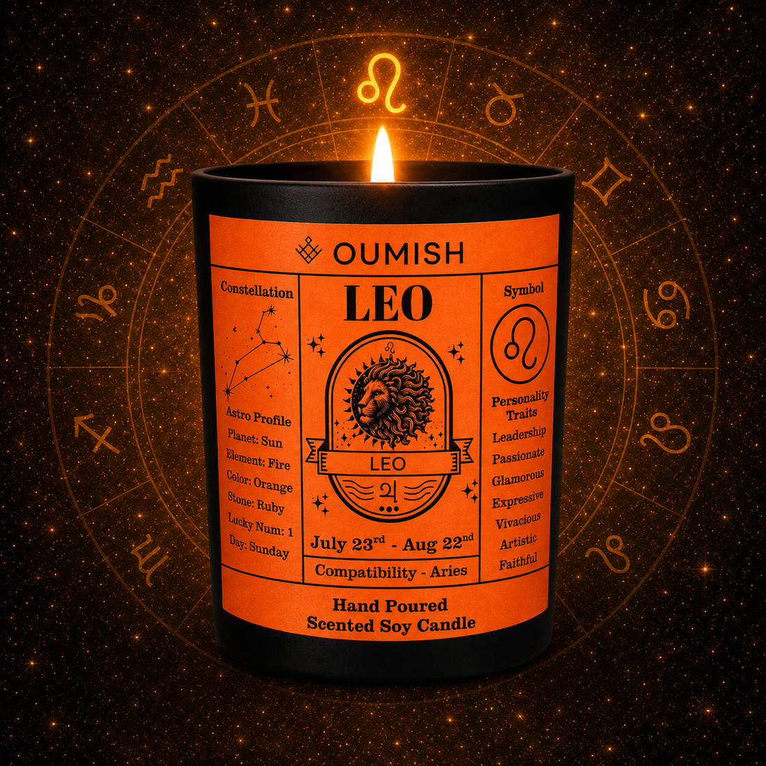 Oumish Leo zodiac scented candle Golden Hour Bakhoor with the correct tapered black jar