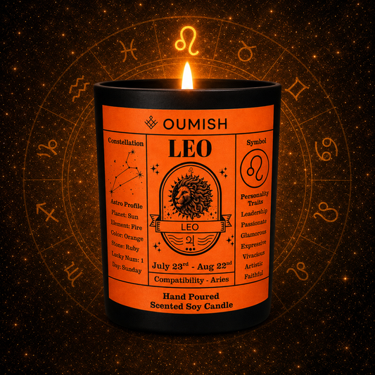 Oumish Leo zodiac scented candle Golden Hour Bakhoor with the correct tapered black jar