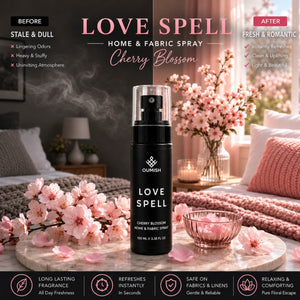 Love Spell cherry blossom Home & Fabric Spray before and after room refresh