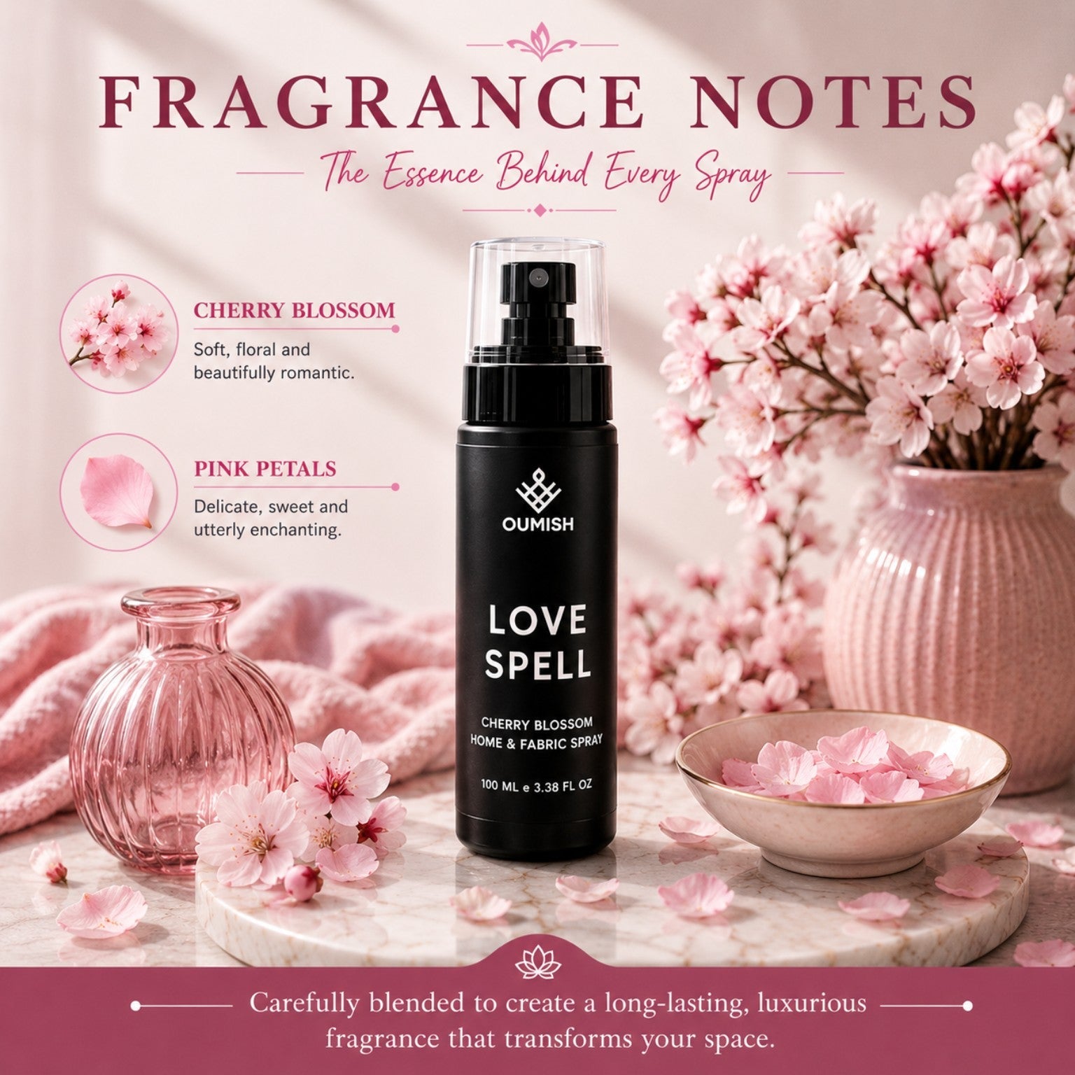 Love Spell cherry blossom fragrance notes for Oumish Home & Fabric Spray fragrance notes
