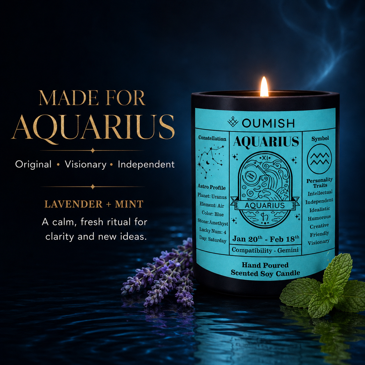 Made for Aquarius zodiac candle with lavender and mint by Oumish