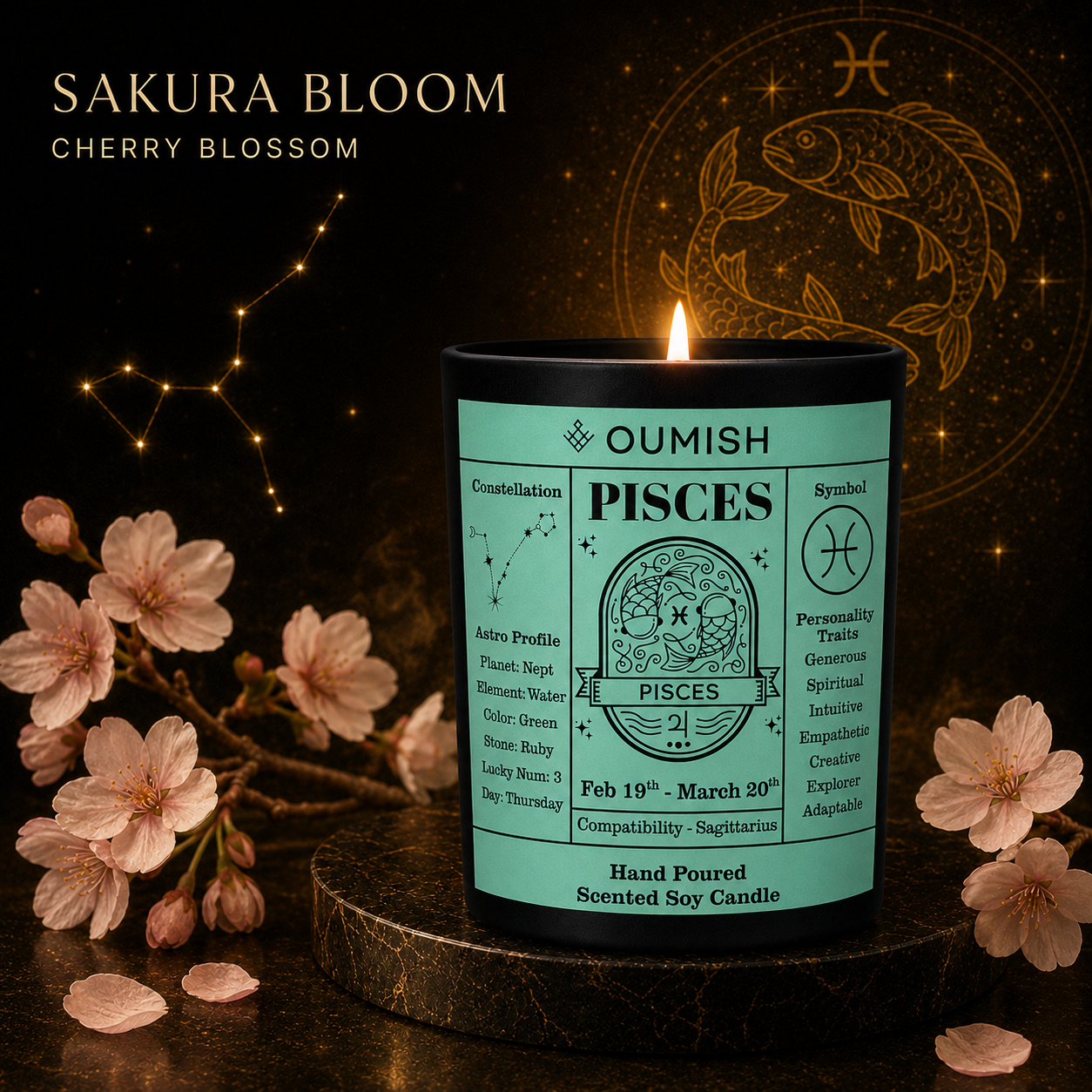 OUMISH Pisces Sakura Bloom candle with Cherry Blossom in the unified zodiac theme