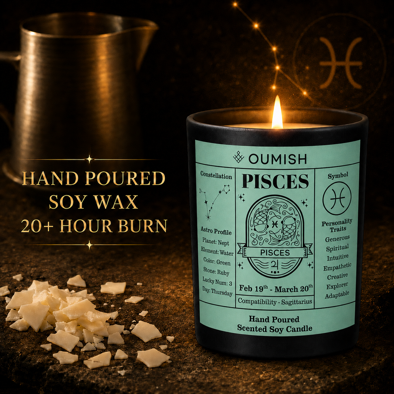 OUMISH Pisces hand poured soy wax candle in the unified black and gold theme