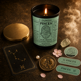 OUMISH Pisces zodiac candle ritual flat lay in the unified black and gold theme