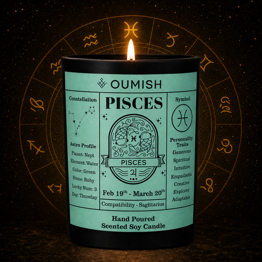OUMISH Pisces zodiac candle hero in the unified black and gold celestial collection theme