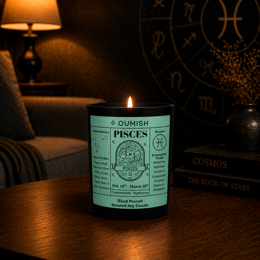OUMISH Pisces zodiac candle in the unified warm luxury lounge theme