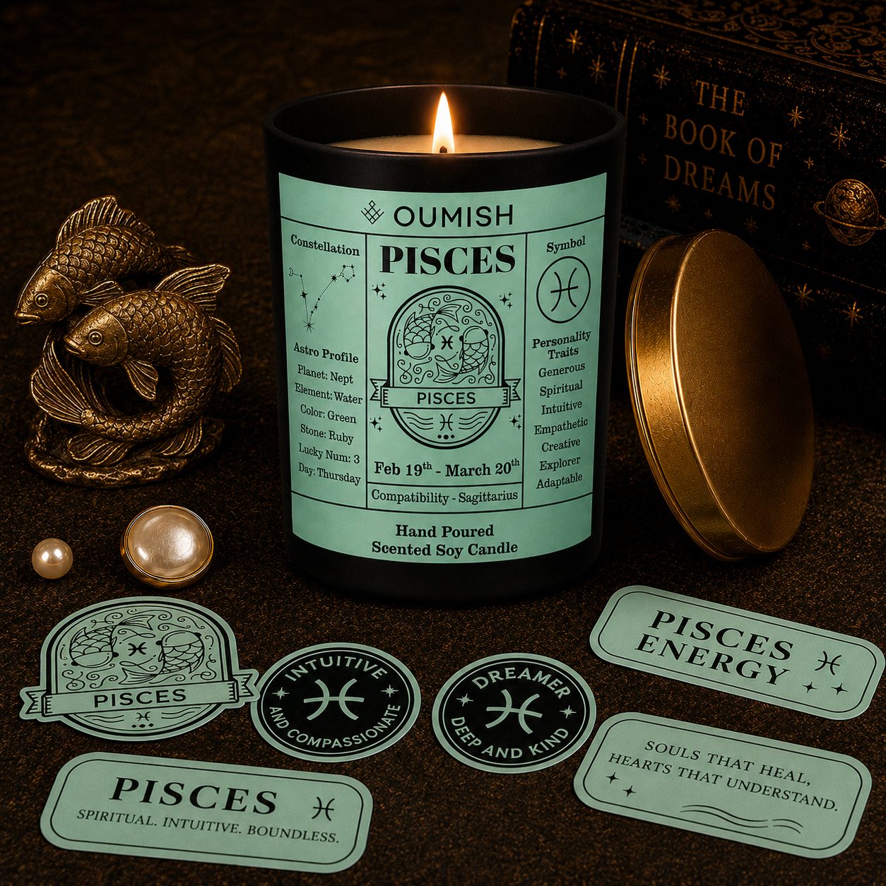OUMISH Pisces zodiac candle ritual with plain gold lid in the unified celestial theme