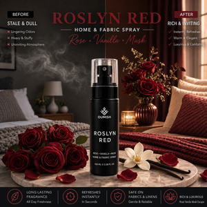Roslyn Red rose vanilla and musk Home & Fabric Spray before and after room refresh