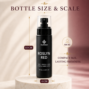 Roslyn Red 100 ml Home & Fabric Spray bottle size: 15 cm height and 4 cm width
