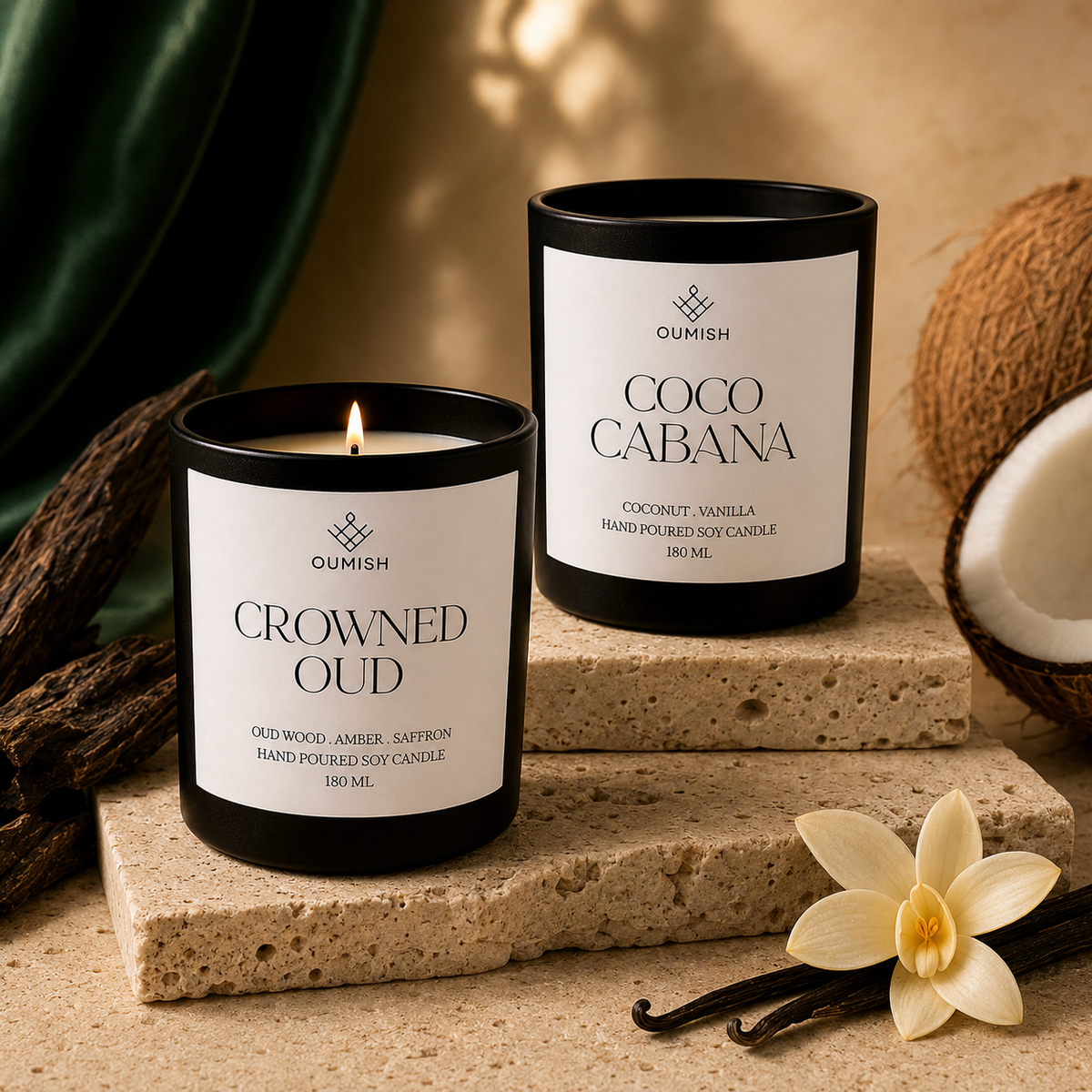 Oumish Signature Candles collection featuring Crowned Oud and Coco Cabana