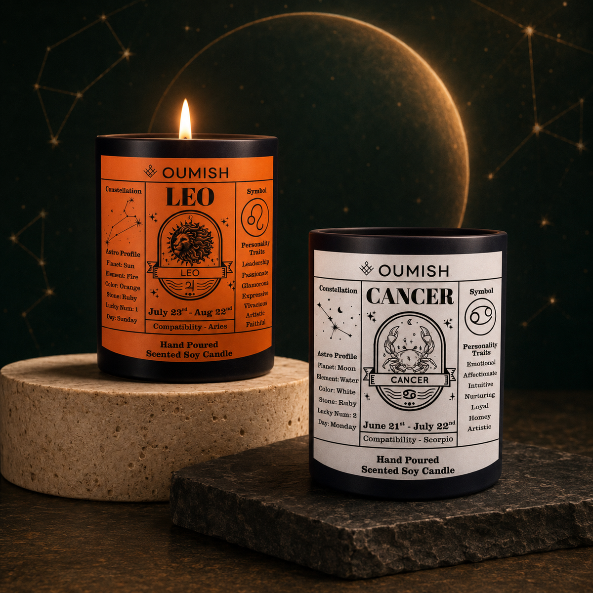 Oumish Zodiac Candles collection featuring Leo and Cancer
