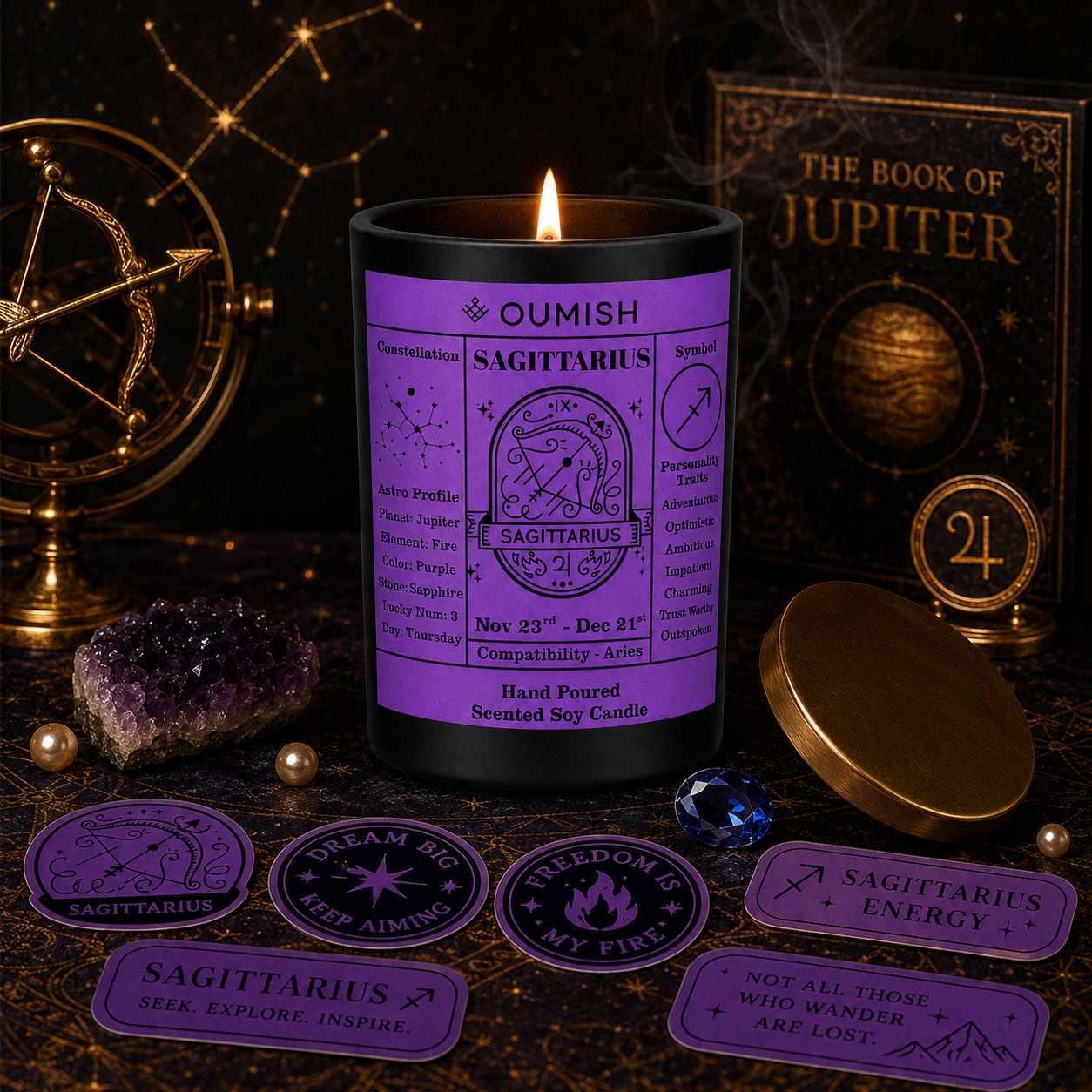 Sagittarius Zodiac candle ritual scene with Jupiter and gemstones