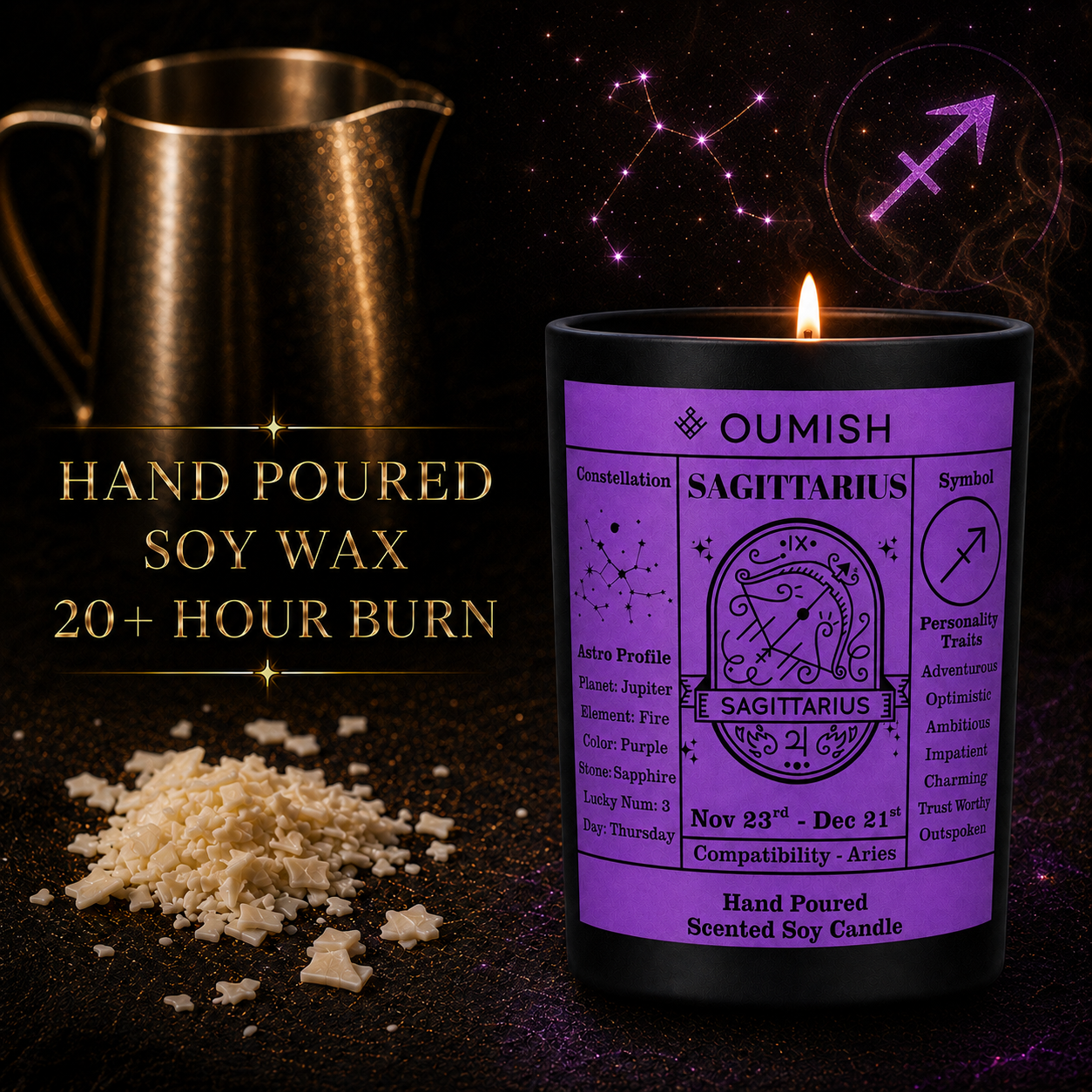 Sagittarius candle hand-poured soy wax and 20+ hour burn
