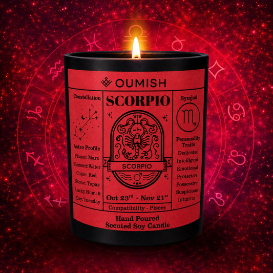 Scorpio Zodiac candle hero on original crimson cosmic background