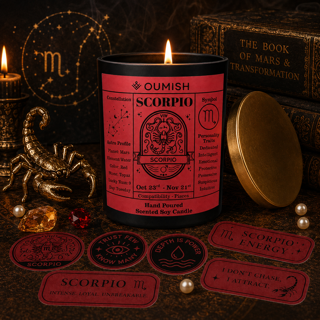 Scorpio Zodiac candle ritual scene with scorpion and topaz