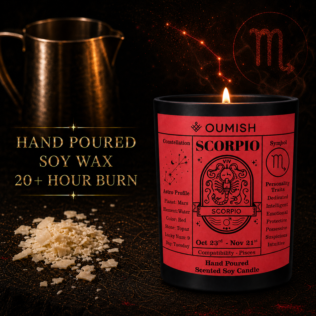 Scorpio candle hand-poured soy wax and 20+ hour burn