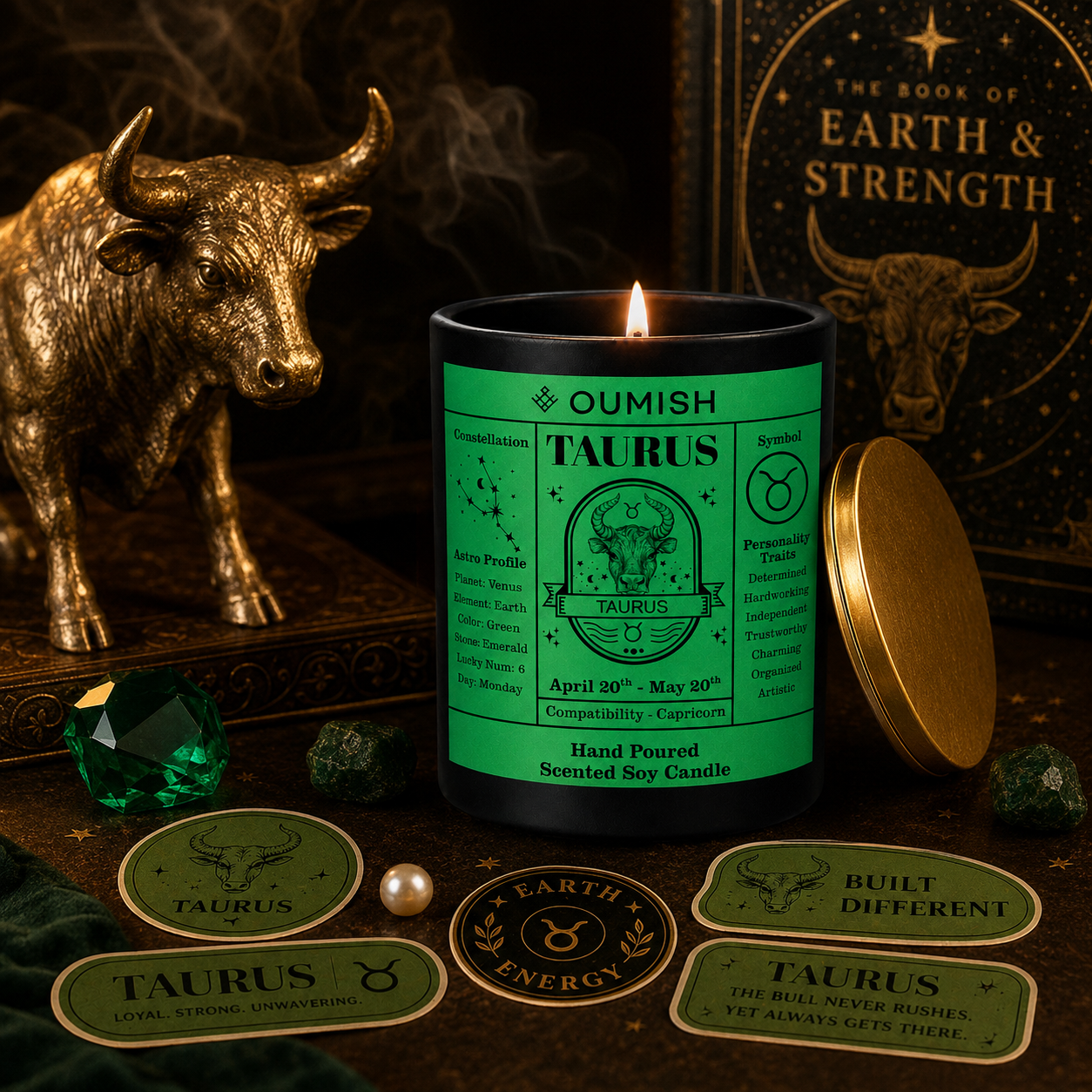Taurus Zodiac candle ritual scene with bull and emeralds