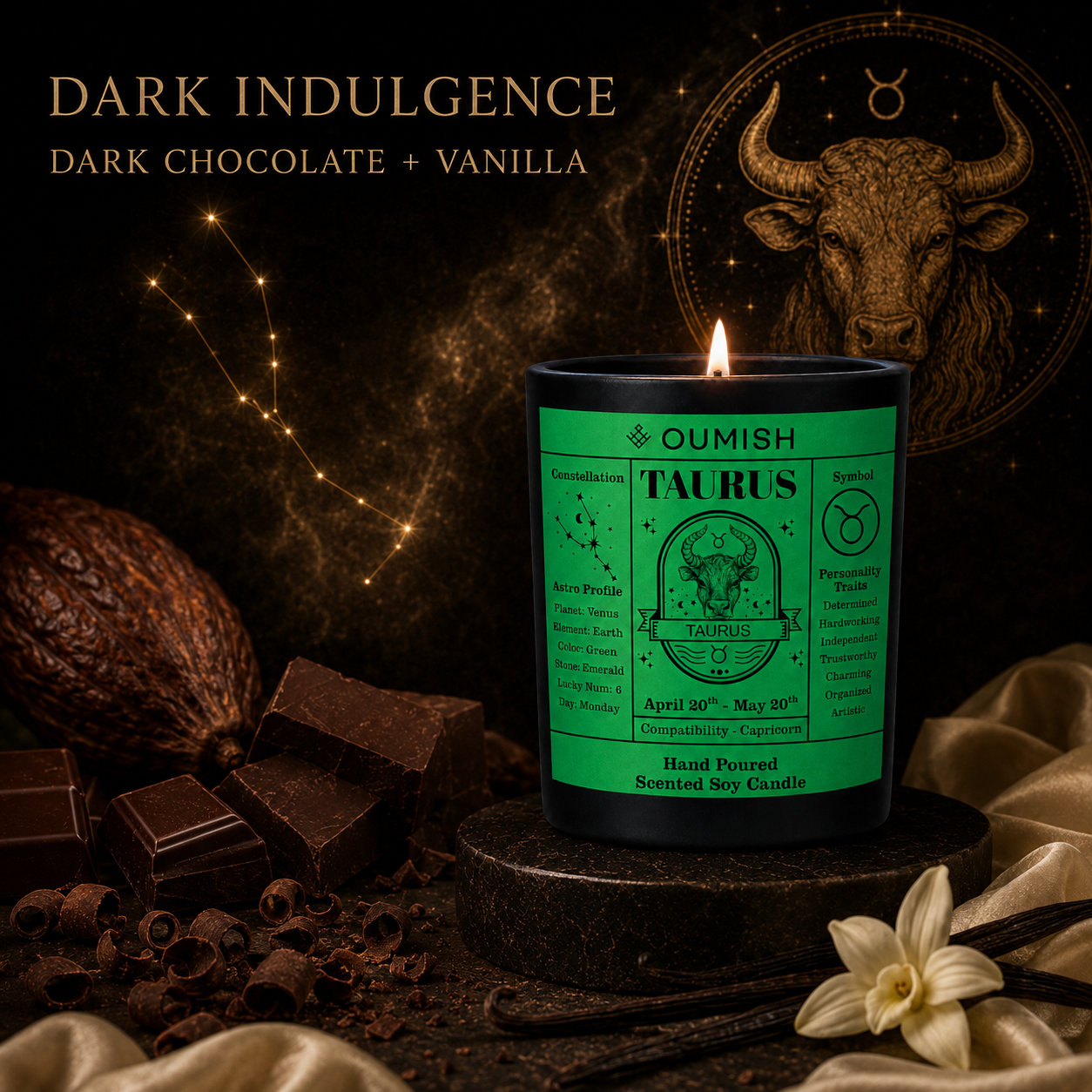 Taurus Dark Indulgence fragrance story, dark chocolate and vanilla