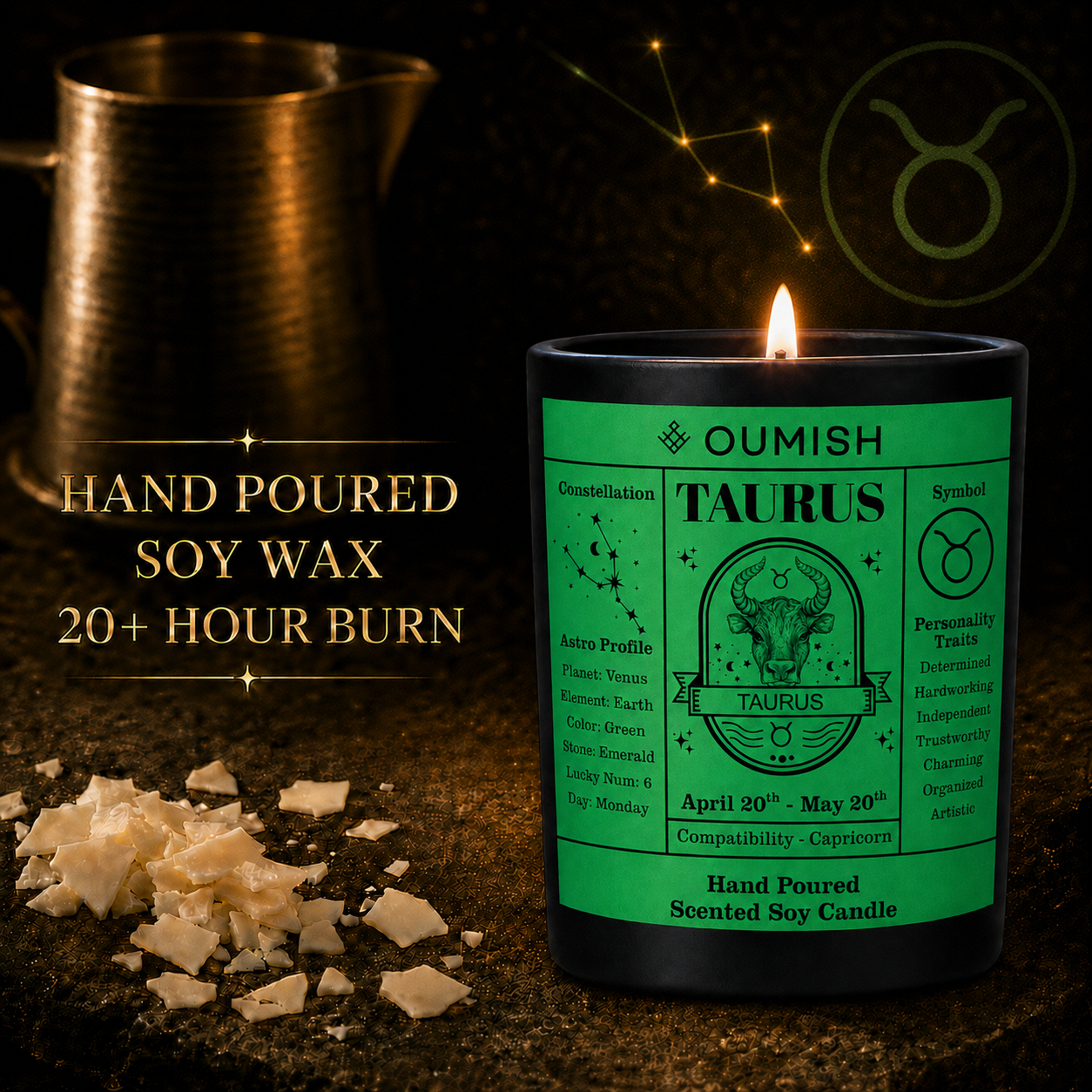 Taurus candle hand-poured soy wax and 20+ hour burn