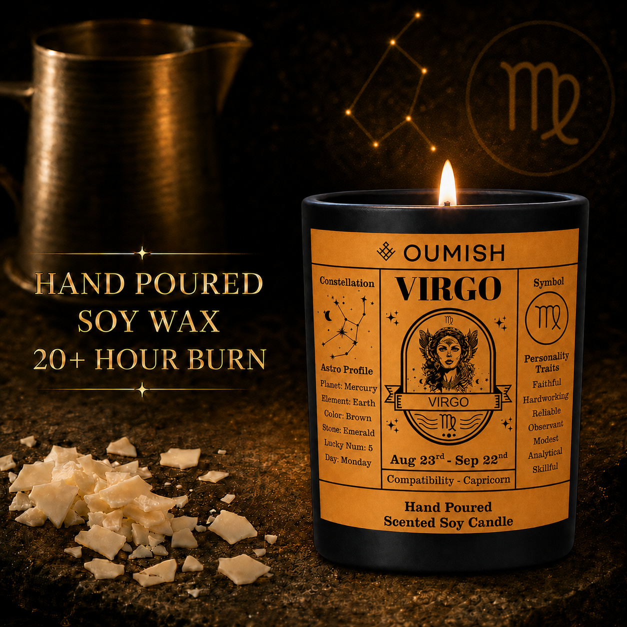 Virgo candle hand-poured soy wax and 20+ hour burn